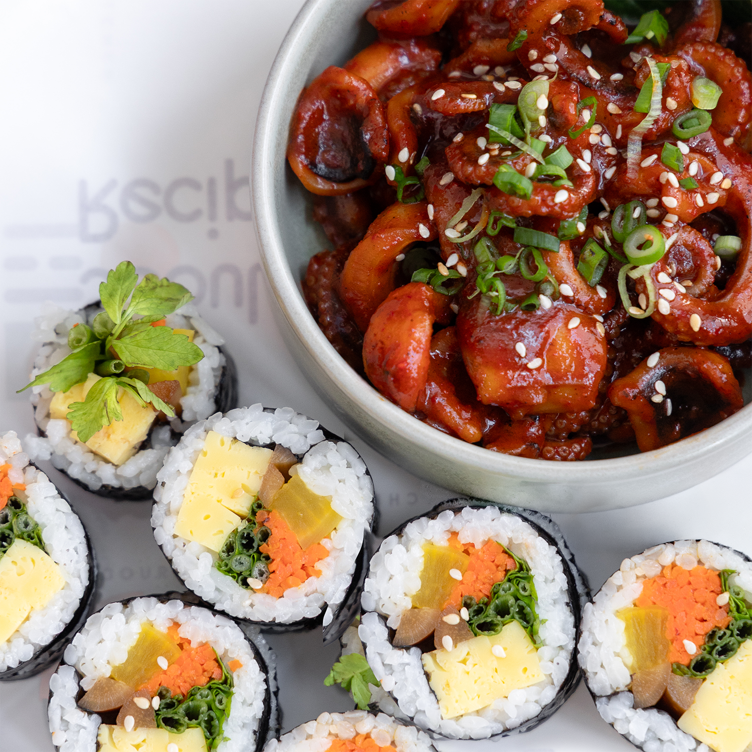 [Seoul Recipe] Spicy Octopus With Minari Gimbap (2-3ppl) 낙지 볶음 미나리 김밥 세트 (2-3인분)